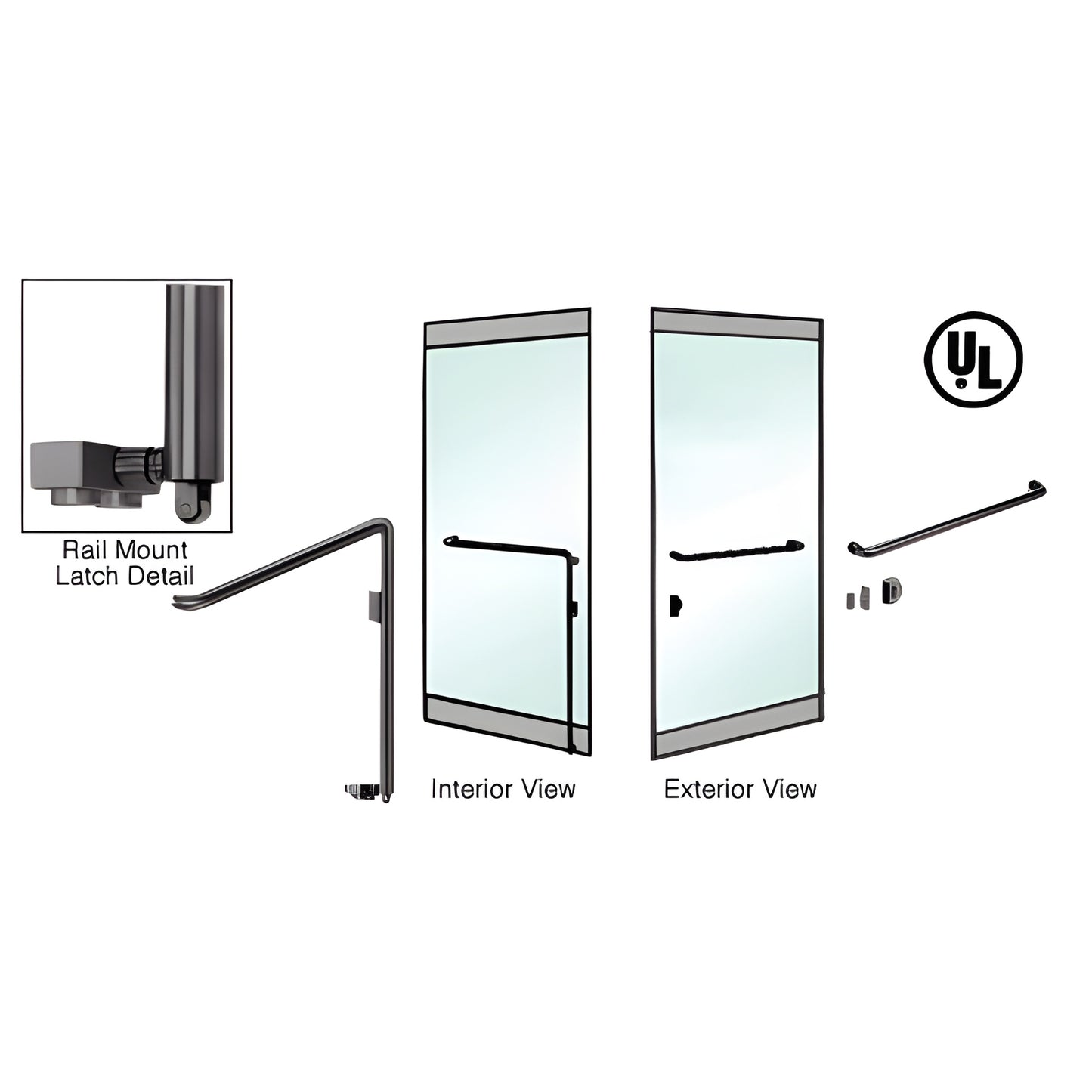 PA110A3RK0RB oil-rubbed bronze DRS rail-mount panic handle for glass doors, 1-1/4" diameter, interior and exterior views