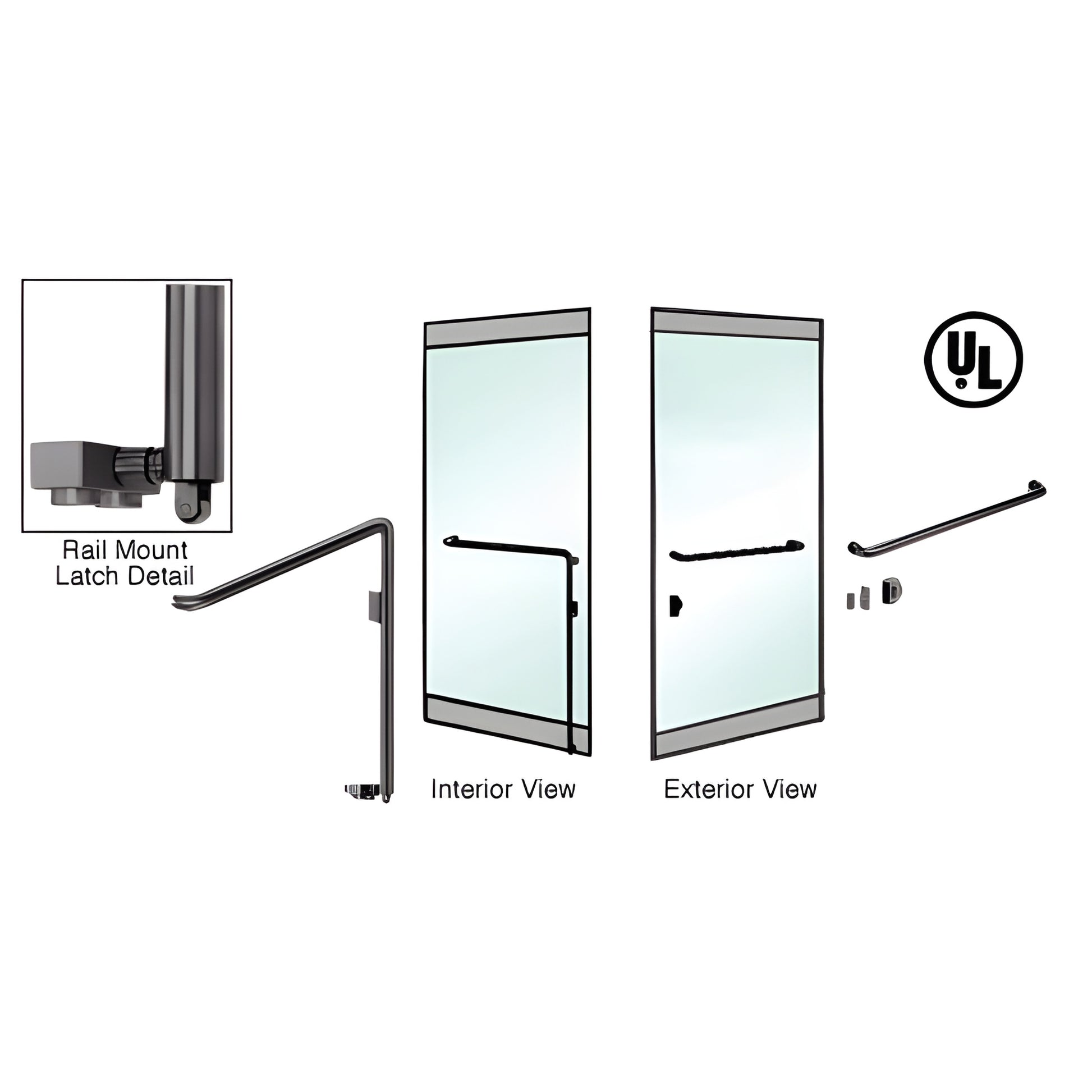 PA110A3RK0RB oil-rubbed bronze DRS rail-mount panic handle for glass doors, 1-1/4" diameter, interior and exterior views
