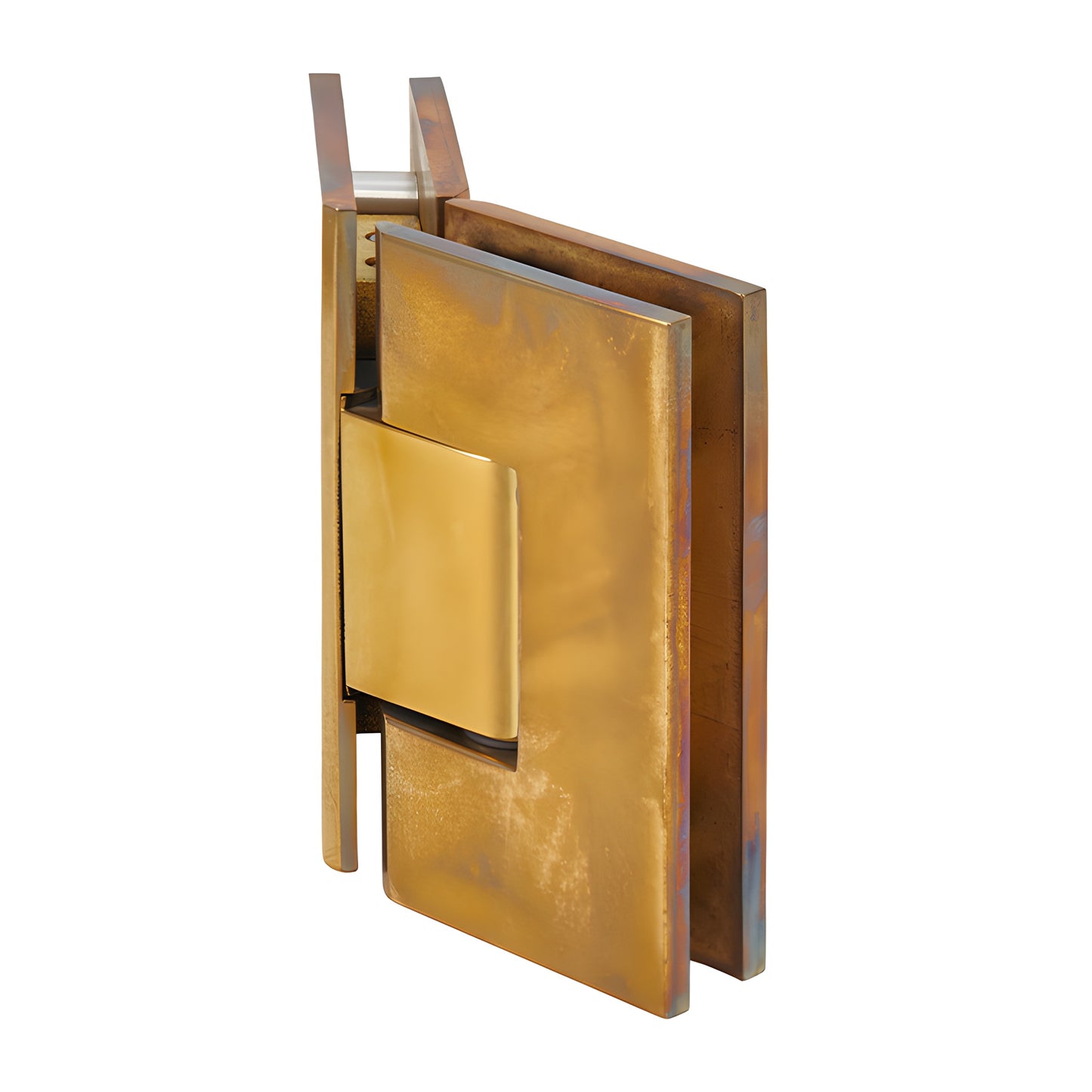 Unlacquered brass squared Vienna glass-to-glass hinge, 135 pivot for 3/8-1/2 shower glass (SKU V1E045ULBR)