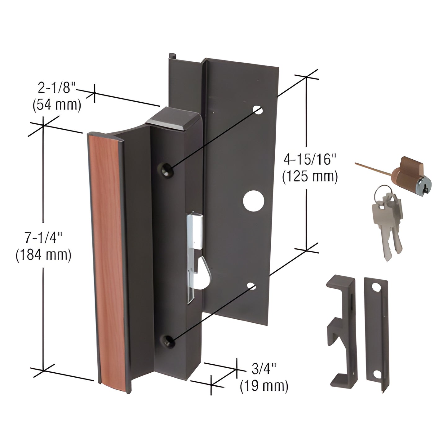C1094 black extruded aluminum keyed handle set for Arcadia sliding doors; reversible anti-lift pin, includes cylinder, keys a