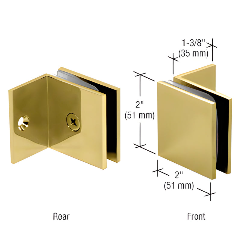 SGC037BR polished brass square glass clamp with small 90 leg, 2 in x 2 in, for 10-12 mm frameless shower panels