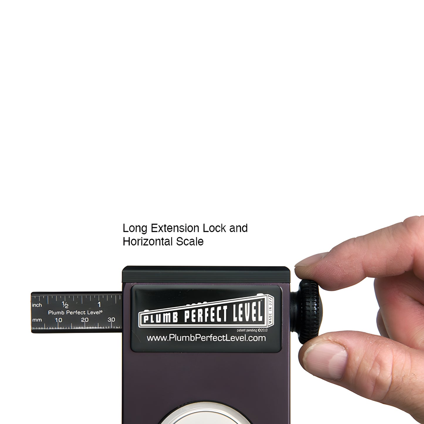 PPL98 expanding plumb level, black vertical tool with center spirit vial, sliding aluminum rails and knurled lock screws