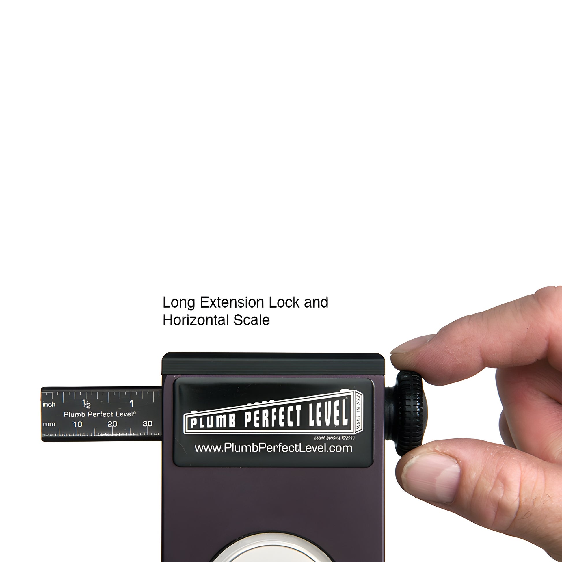 PPL98 expanding plumb level, black vertical tool with center spirit vial, sliding aluminum rails and knurled lock screws