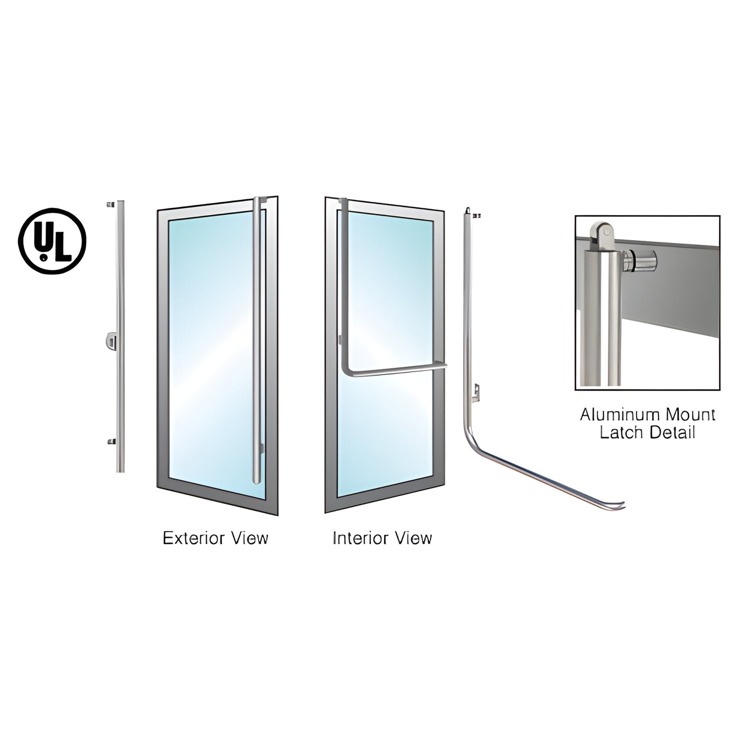 PA100FS4AKPS polished stainless steel panic handle for 1/2 or 3/4 tempered glass doors - exterior tube, interior push bar.