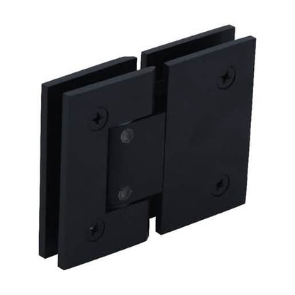 Close-up of CRL Oil Rubbed Bronze Geneva 380 Glass-to-Glass Hinge, 180° adjustable design.