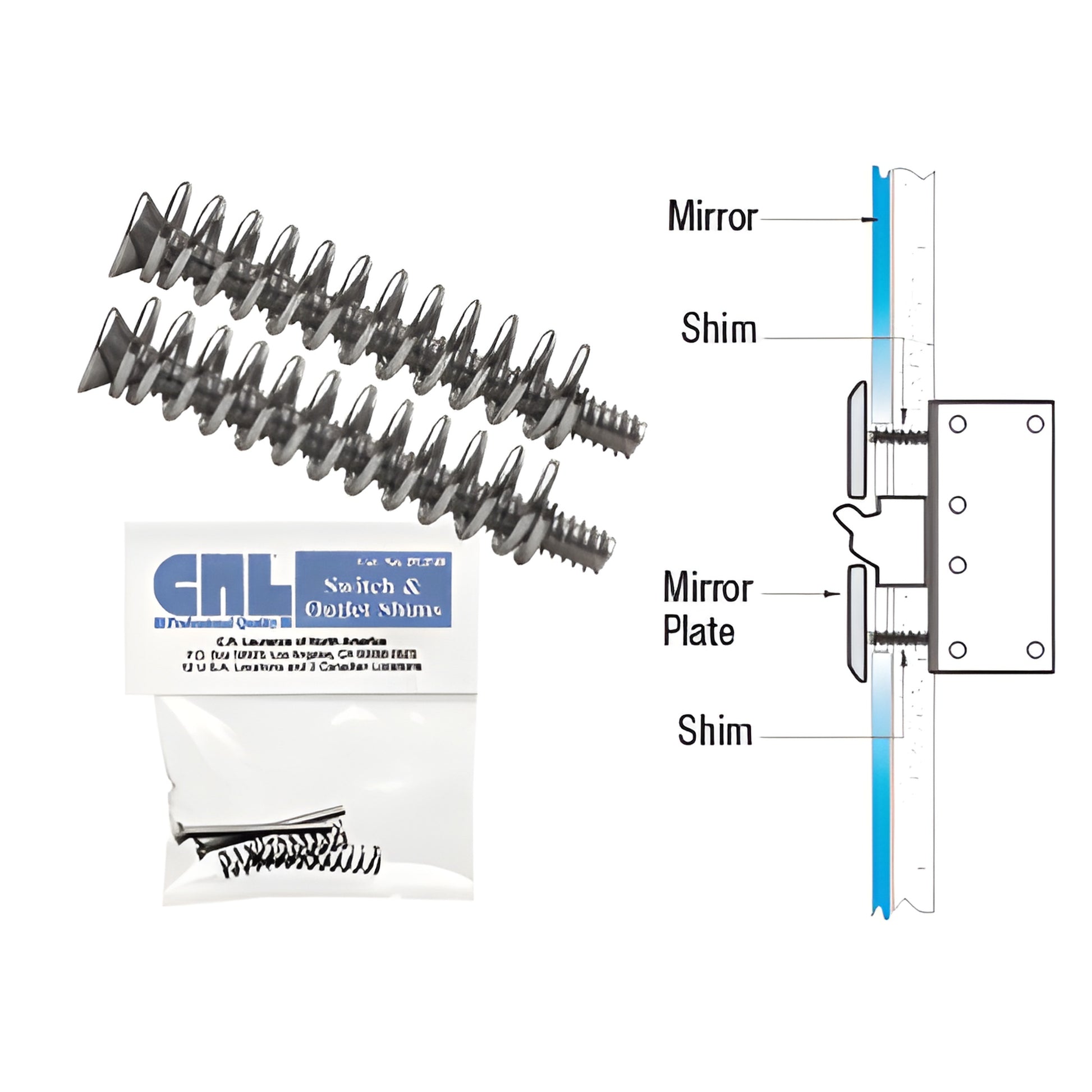 CRL PGP48 mirror outlet/switch shims pack of 2 with screws, small bag and installation diagram showing flush mirror plate.