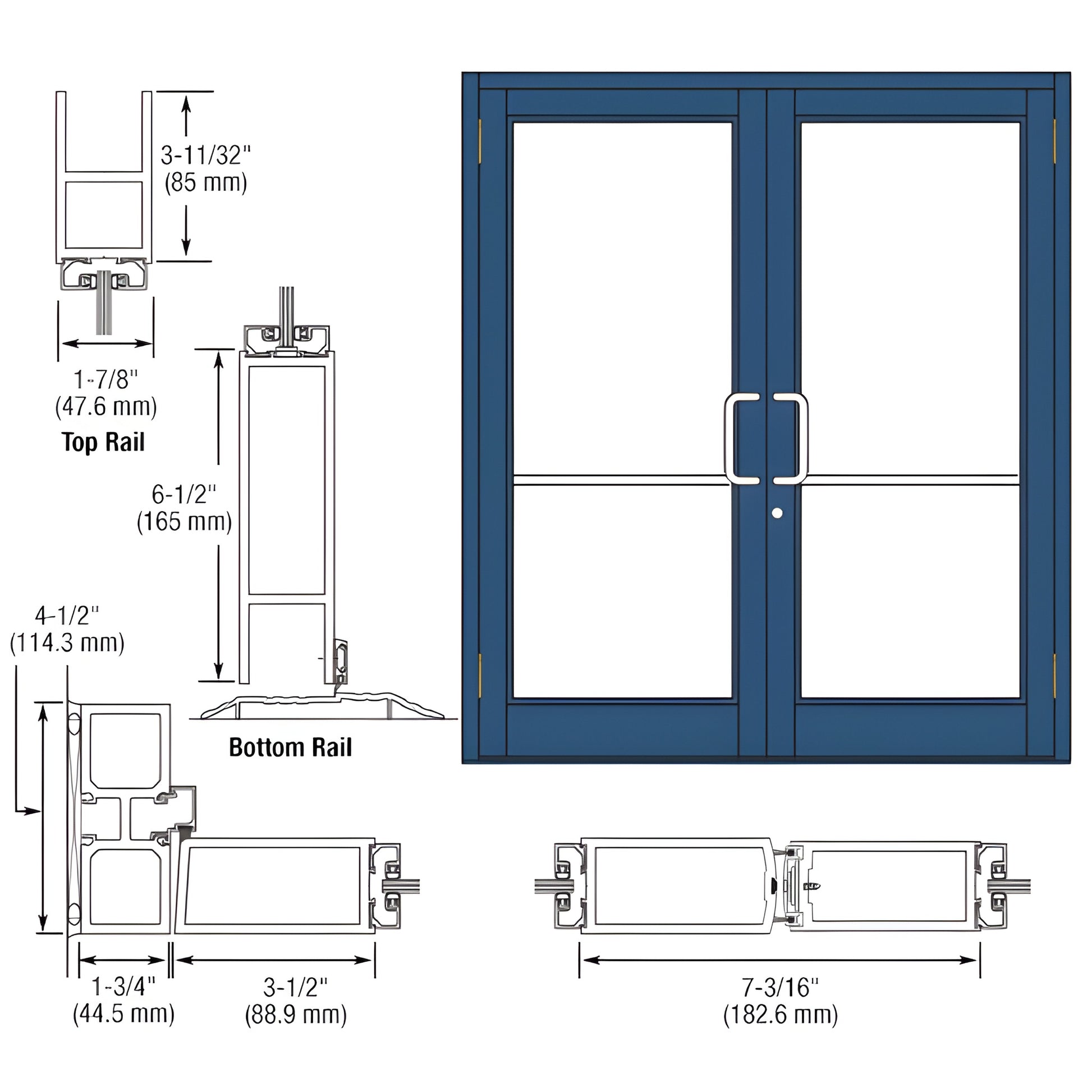 Durafront MS double commercial entrance door, blue finish, glass panels, 3-1/2" stiles, 6-1/2" bottom rail. SKU DC82571