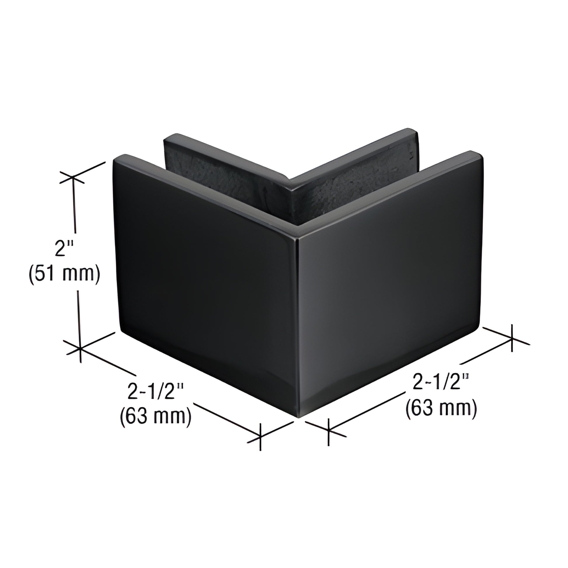Matte black 90 square mall front glass clamp MFC22MBL, 2" 21 2" sides, fits 3/8-1/2" (10-12mm) tempered glass.