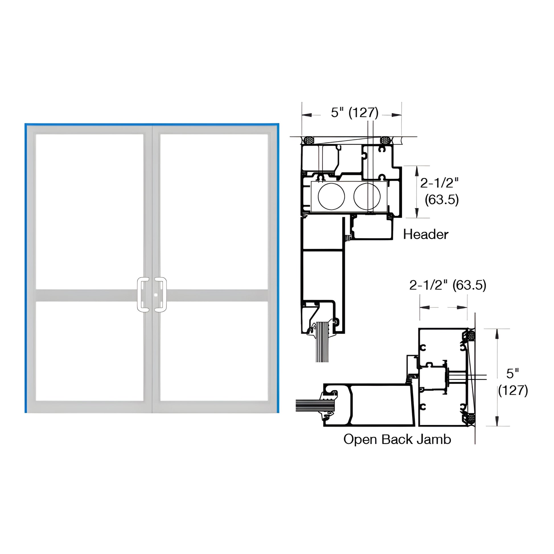Double hurricane-impact up/over door frame, custom Kynar finish, paired doors with technical cross-section diagrams - SKU 0P4