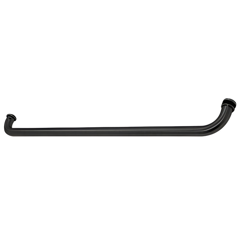 Matte black CRL CM28MBL 28 in center push/pull glass door handle, 1 in diameter, includes washers