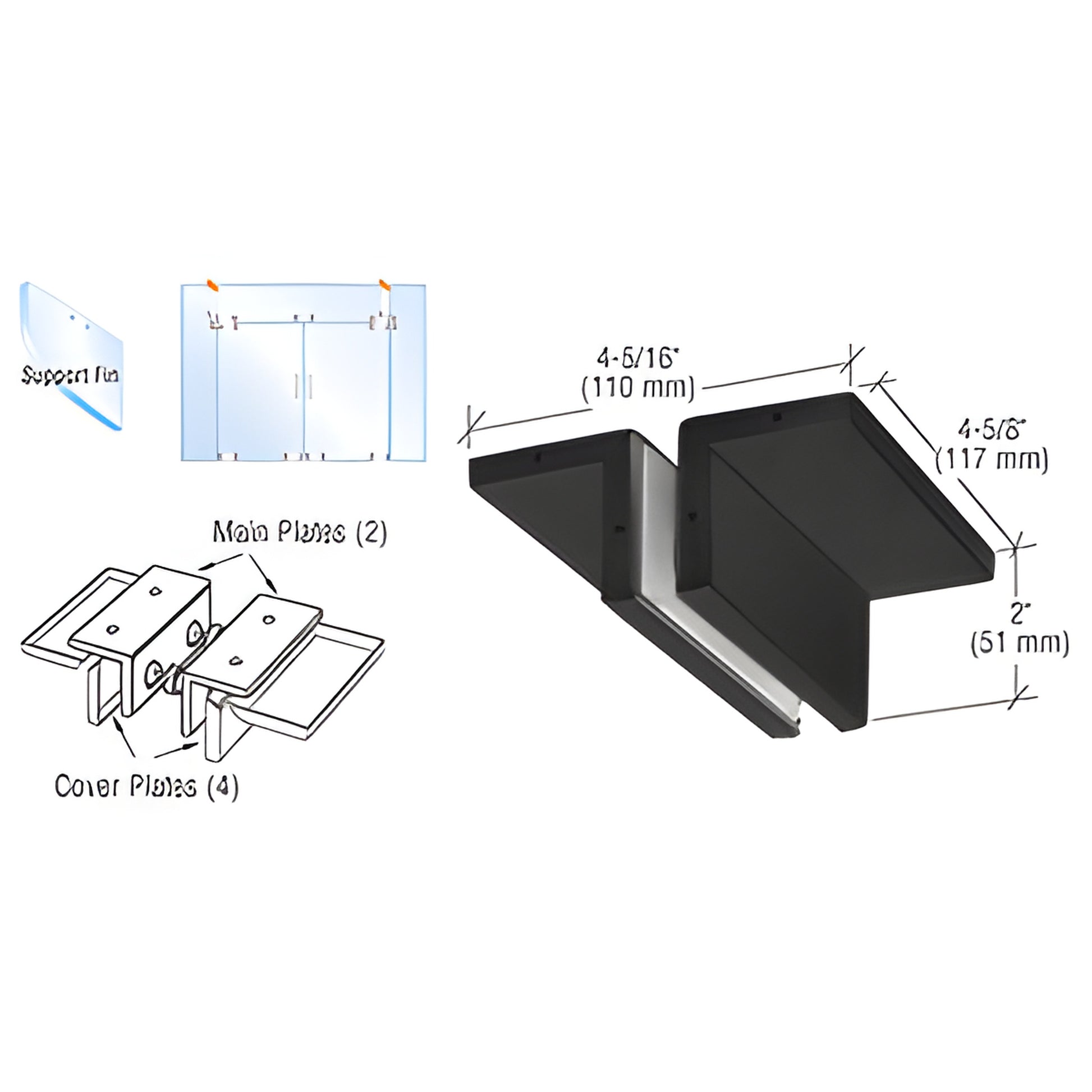 Matte black ceiling support fin bracket PH94MBL for 3/8" or 1/2" (10/12mm) monolithic tempered glass