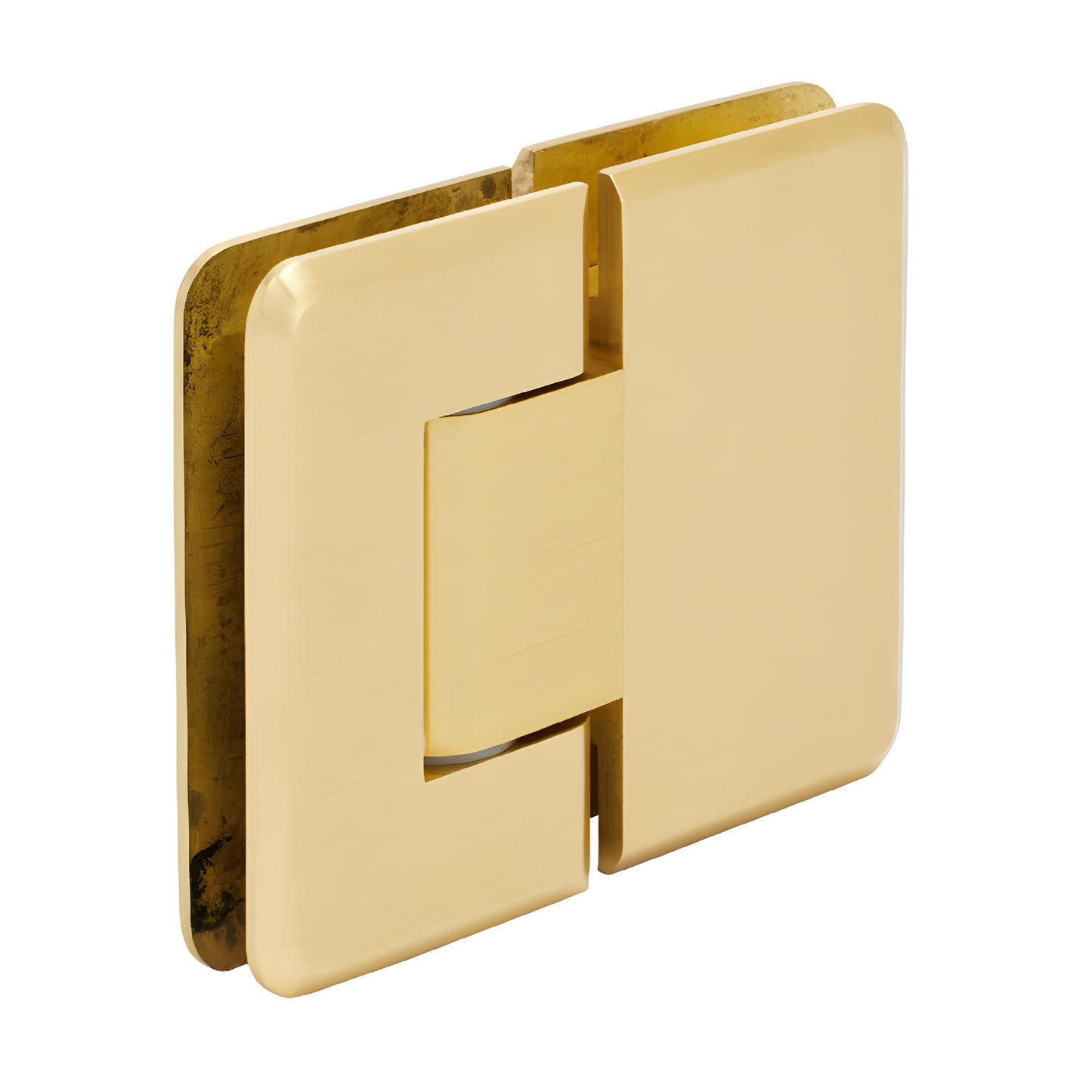 Satin brass Pinnacle adjustable glass-to-glass shower hinge (P1N380SB), solid brass beveled edge, self-centering