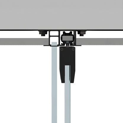 Matte black CRL50 dropped-ceiling sliding glass door kit (CRL501DMBL) showing top-hung track and glass panel.