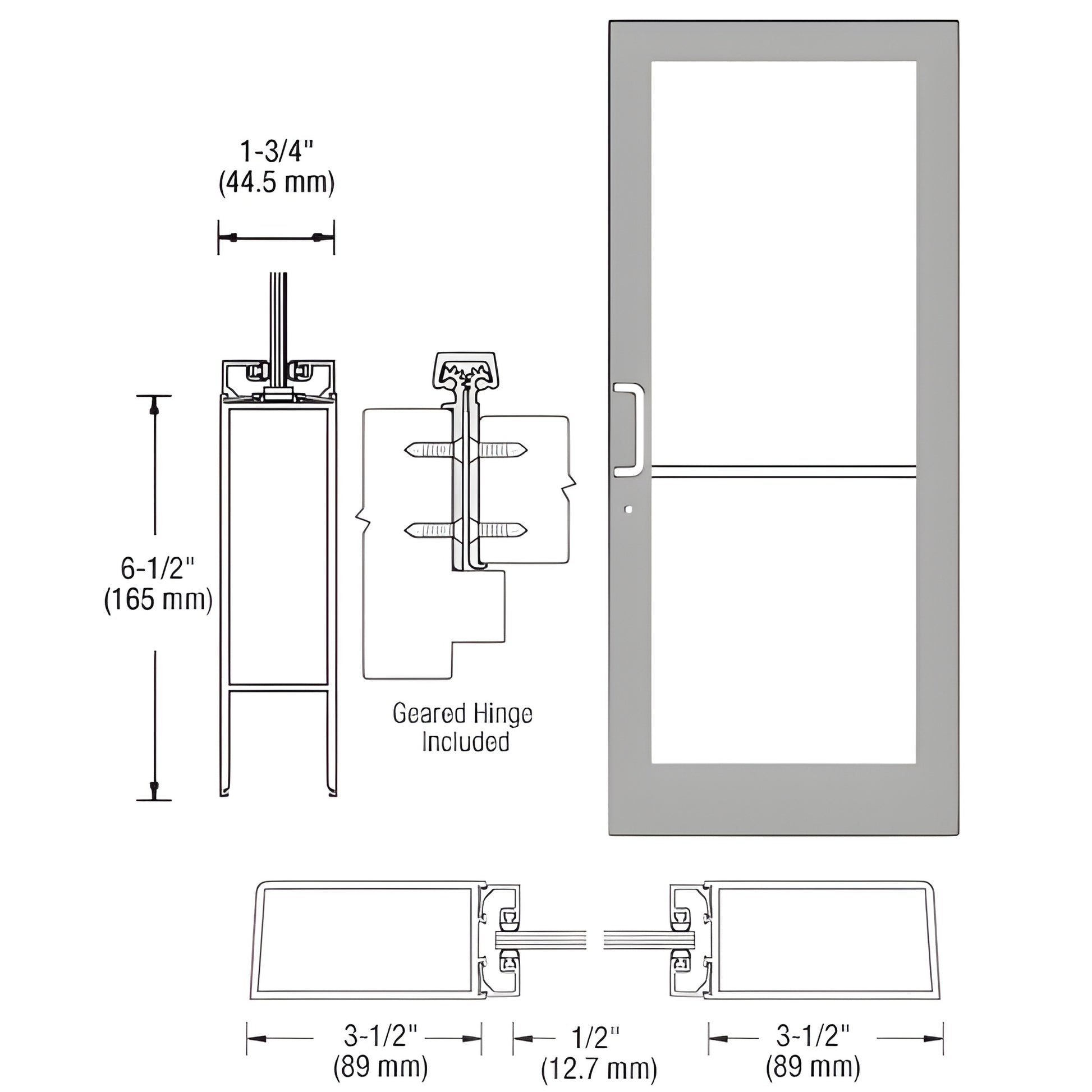 Clear anodized medium-stile commercial entrance door (SKU DC41811) with 1/4" glass, 3-1/2" stiles and 6-1/2" bottom rail.
