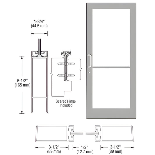 Clear anodized medium-stile commercial entrance door (SKU DC41811) with 1/4" glass, 3-1/2" stiles and 6-1/2" bottom rail.