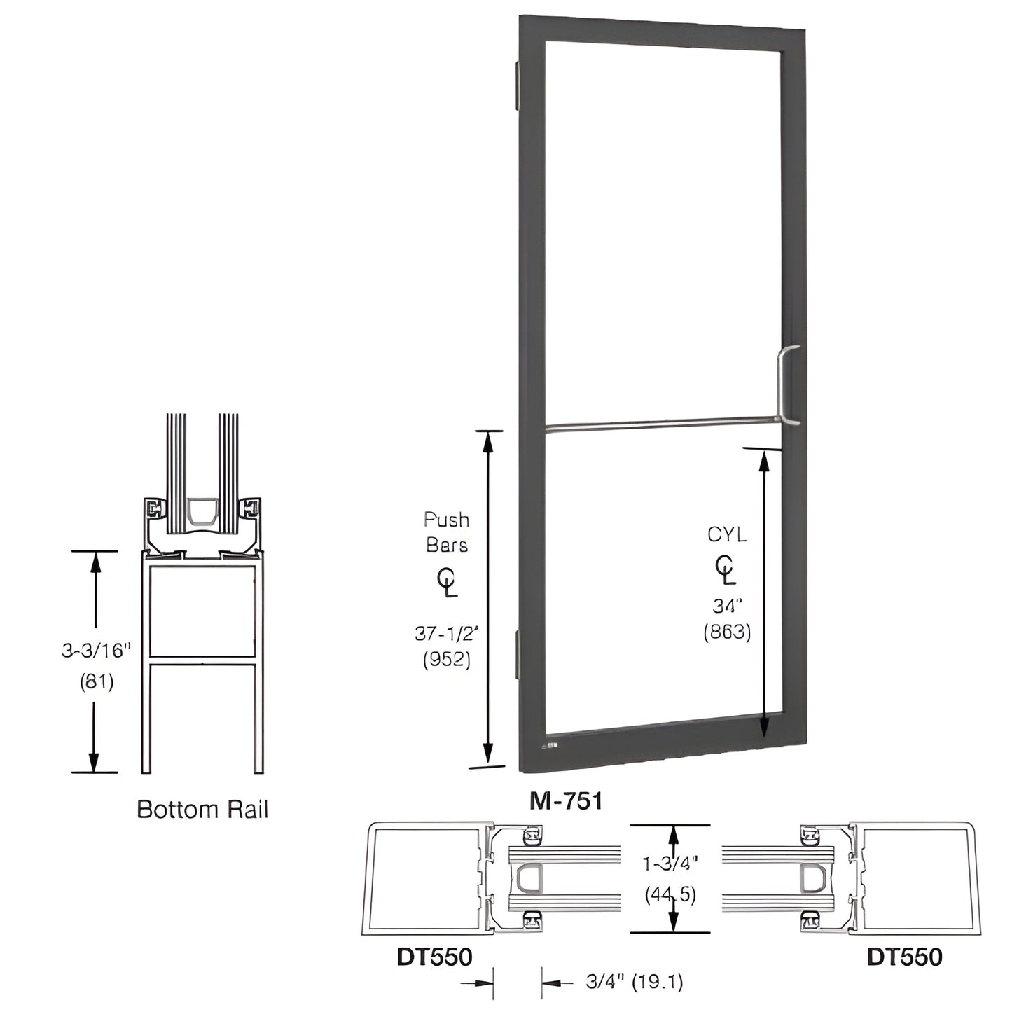 Black bronze CRL 250 narrow-stile commercial entrance door, 1" glazing ready, push bar and offset pull. SKU LE21522R036