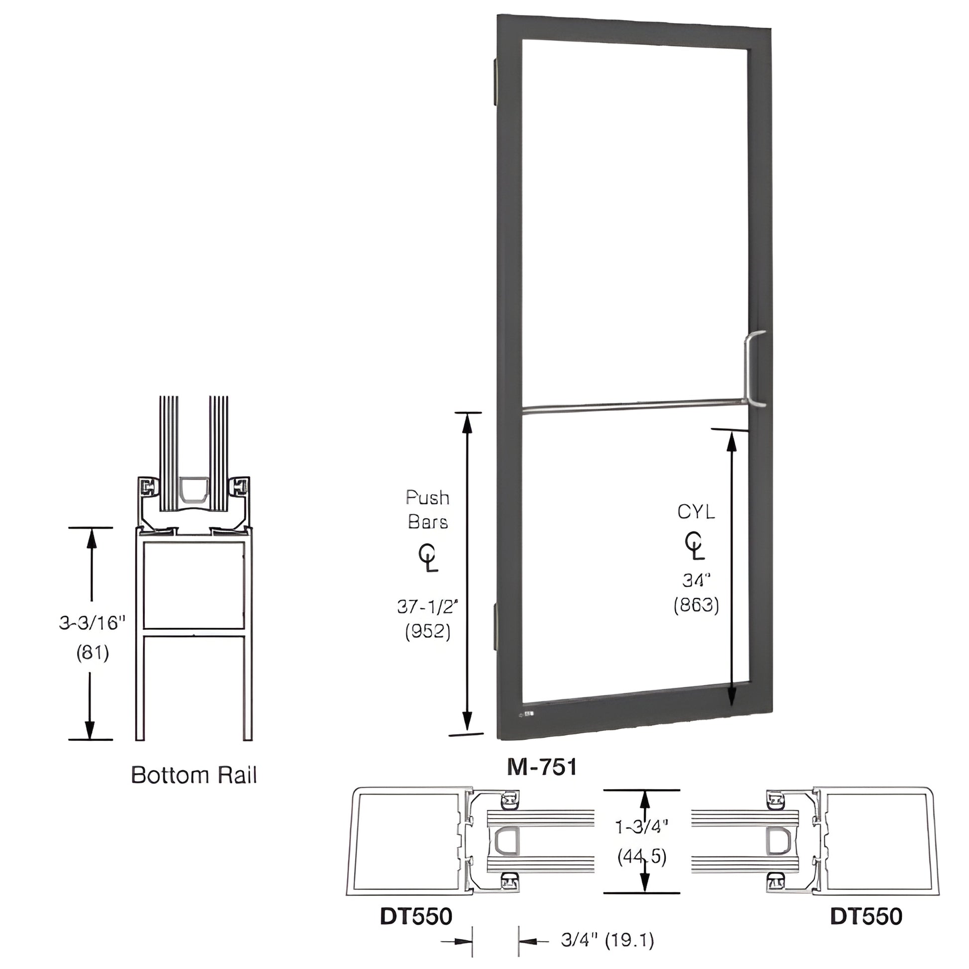 Black bronze CRL 250 narrow-stile commercial entrance door, 1" glazing ready, push bar and offset pull. SKU LE21522R036