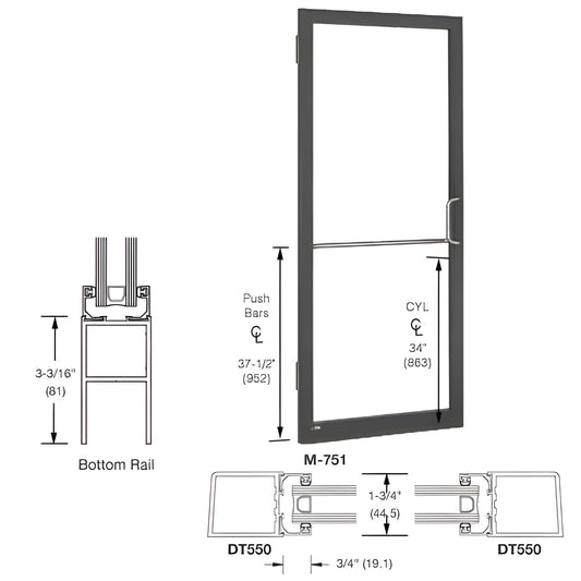 Black bronze CRL 250 narrow-stile commercial entrance door, 1" glazing ready, push bar and offset pull. SKU LE21522R036