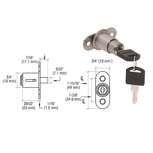 LK55 brushed-nickel brass track plunger lock for sliding glass doors with two keys, compact no-drill showcase mount.