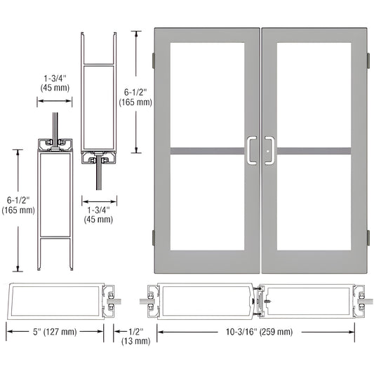 Commercial double glass entrance door SKU DZ52411, clear anodized aluminum stiles/rails, dimensions noted.