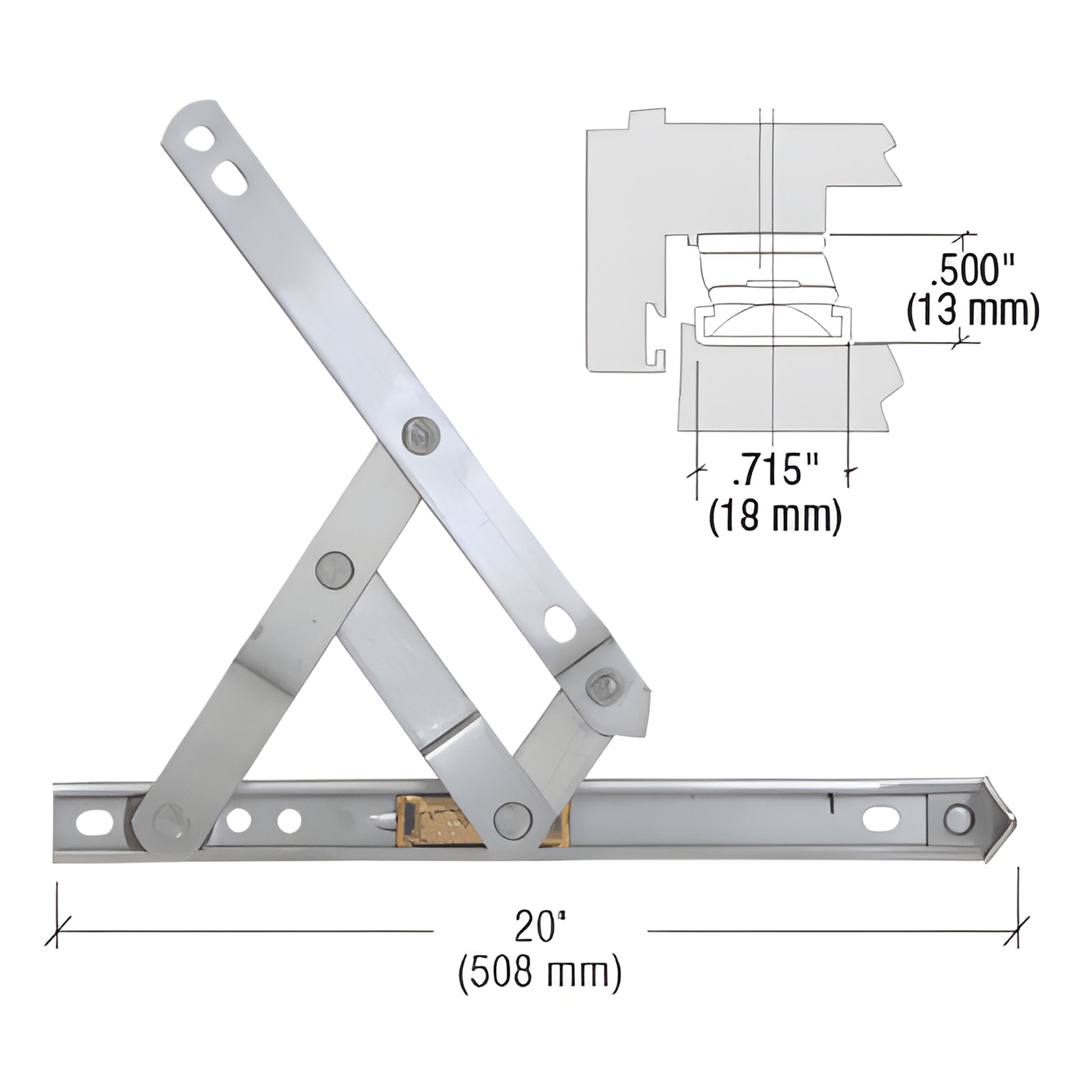 CRL SKU 430120 stainless steel 4-bar casement/awning hinge, 20 in (508 mm), non-handed, supports 54 lb