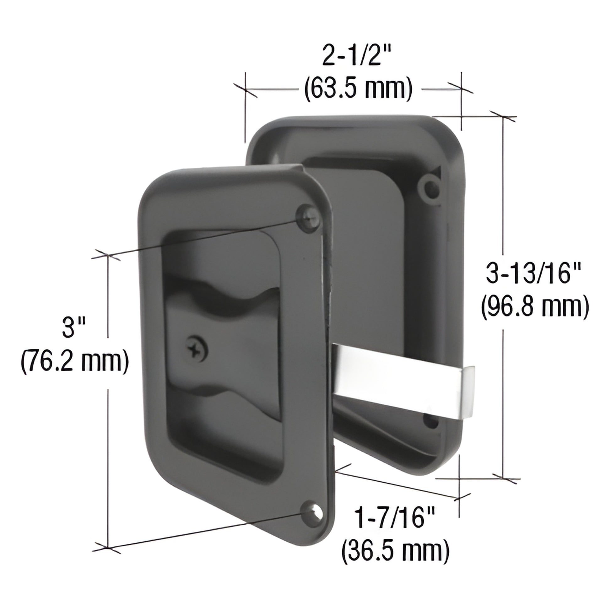 Black plastic recessed pull with steel mortise latch for Hat Section doors, 3" x 2-1/2", SKU A187