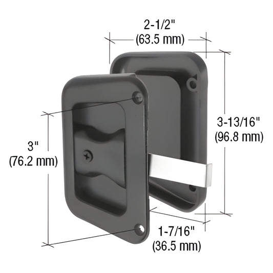 Black plastic recessed pull with steel mortise latch for Hat Section doors, 3" x 2-1/2", SKU A187