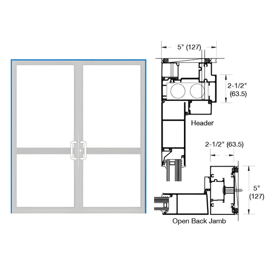 Custom Kynar double up/over hurricane impact door frame (SKU 0P72471) with paired doors and technical jamb/header diagrams
