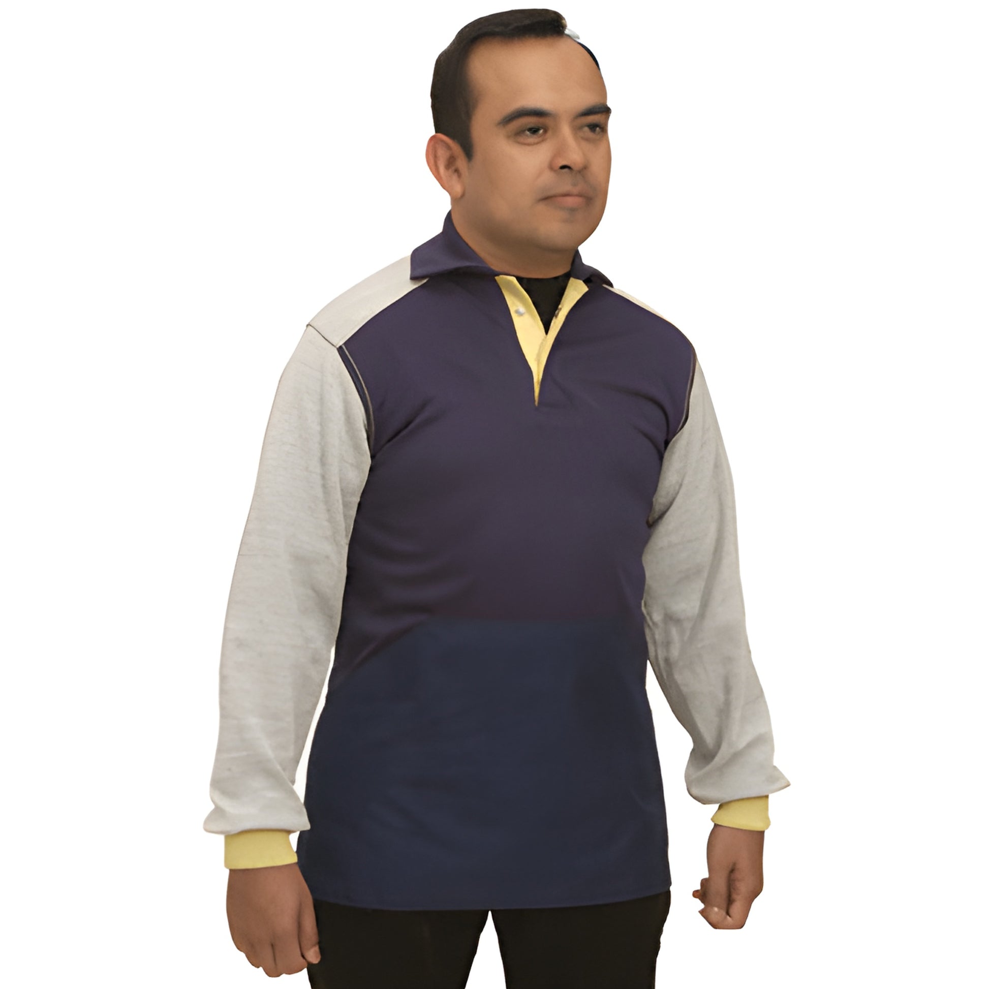 Men's EN388 Level-5 cut-resistant long-sleeve polo, dark blue body, gray sleeves, yellow trim - workwear, size Large.