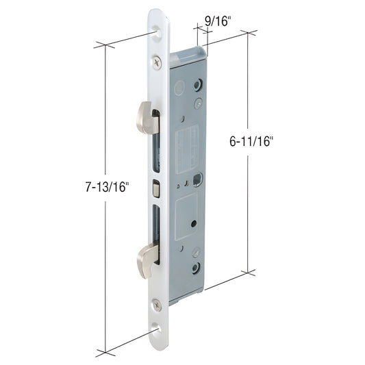 E2800 multi-point mortise patio door lock, satin anodized faceplate with two hooks; dimensions shown