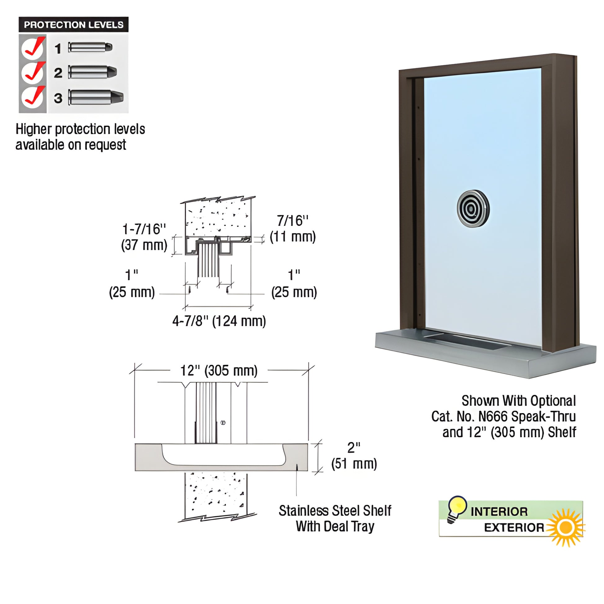 S1EW12DU exterior glazed inset frame window, Duranodic bronze, 12" stainless steel shelf with bullet-resistant deal tray.
