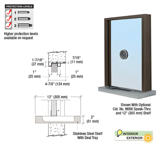 S1EW12DU exterior glazed inset frame window, Duranodic bronze, 12" stainless steel shelf with bullet-resistant deal tray.