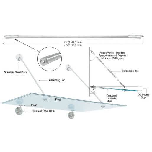 CRL 316 Brushed Stainless Connecting Rod for 42" Glass Awning, 45" Length, Durable Design