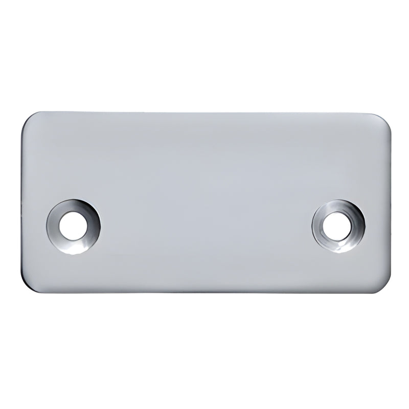 Silver metallic rectangular end cap with two countersunk screw holes, contoured for 200X series top rail (SKU 2XDECS)