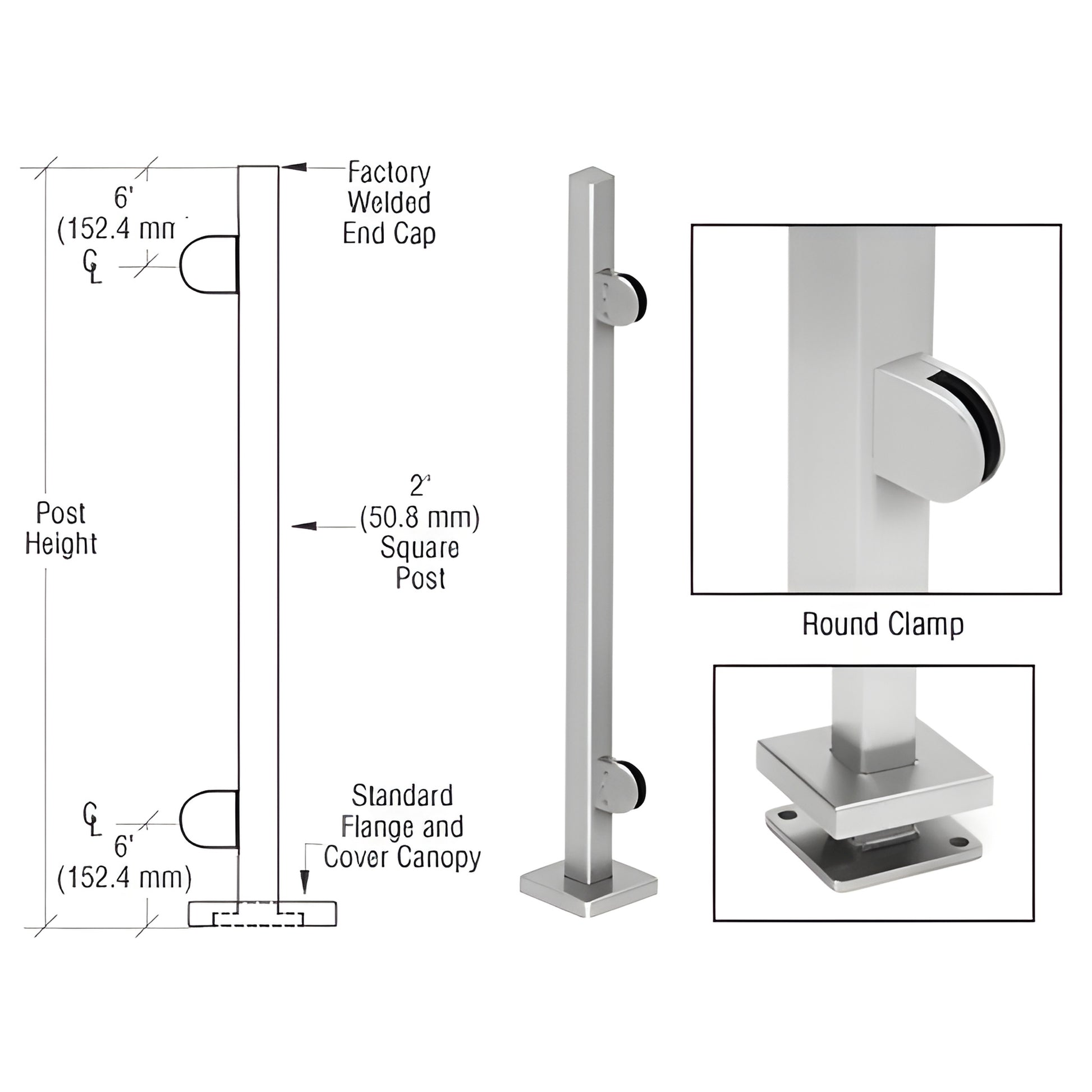 2 in. stainless steel square post kit with round glass clamps, base plate cover canopy (SPR36EBS)
