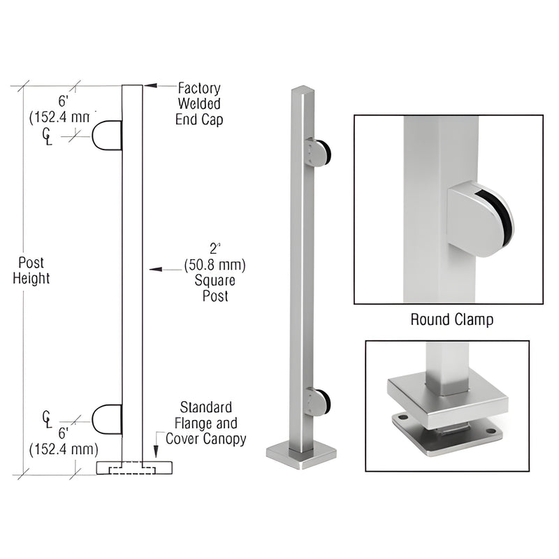 SPR42EBS: Brushed stainless 2" square glass-clamp post kit with round Z-clamps, welded end cap and 5" base plate cover.