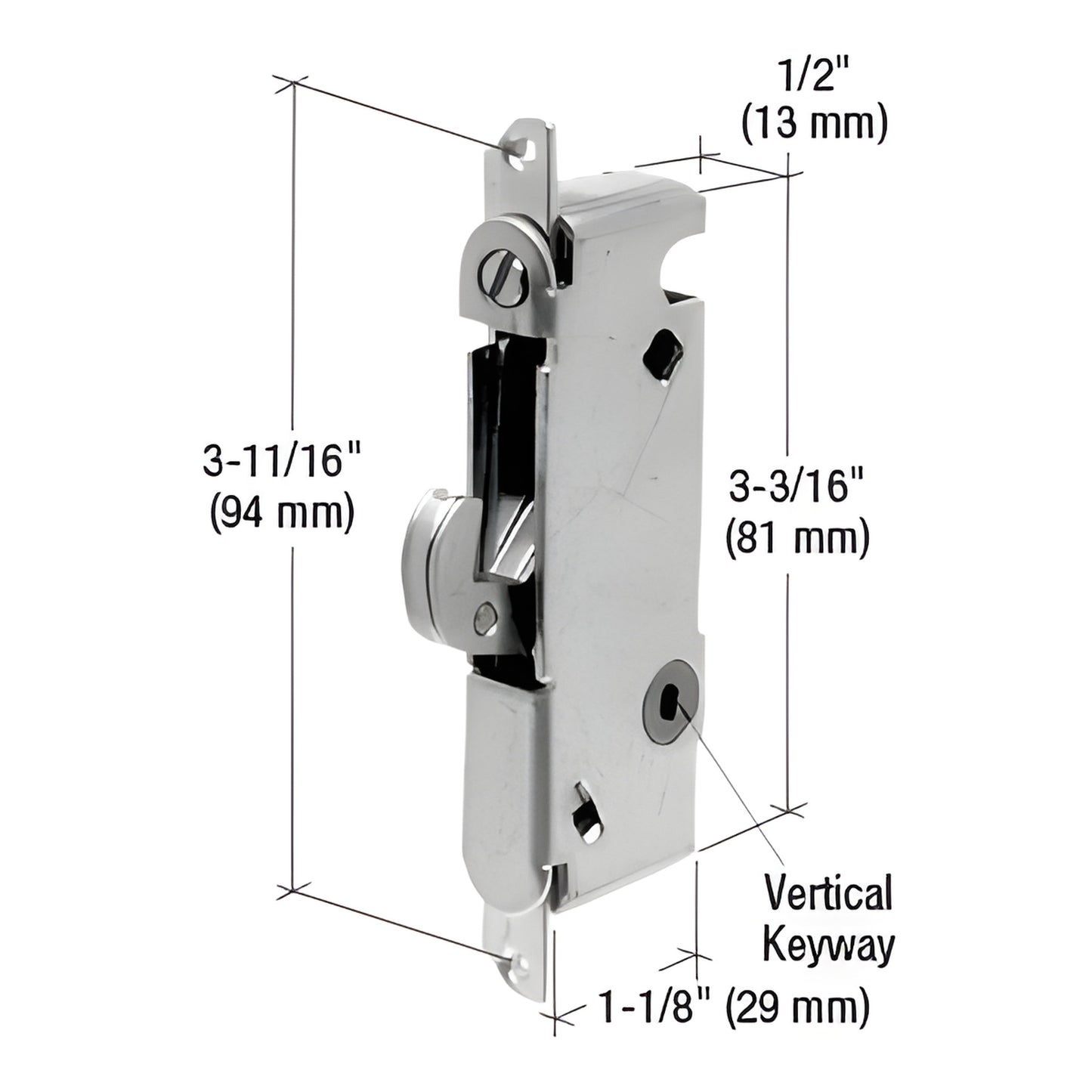 CRLE2013 steel mortise lock: 1/2" wide housing, vertical keyway, adjustable hook; dimensions 3-3/16" x 1-1/4" x 1/2".