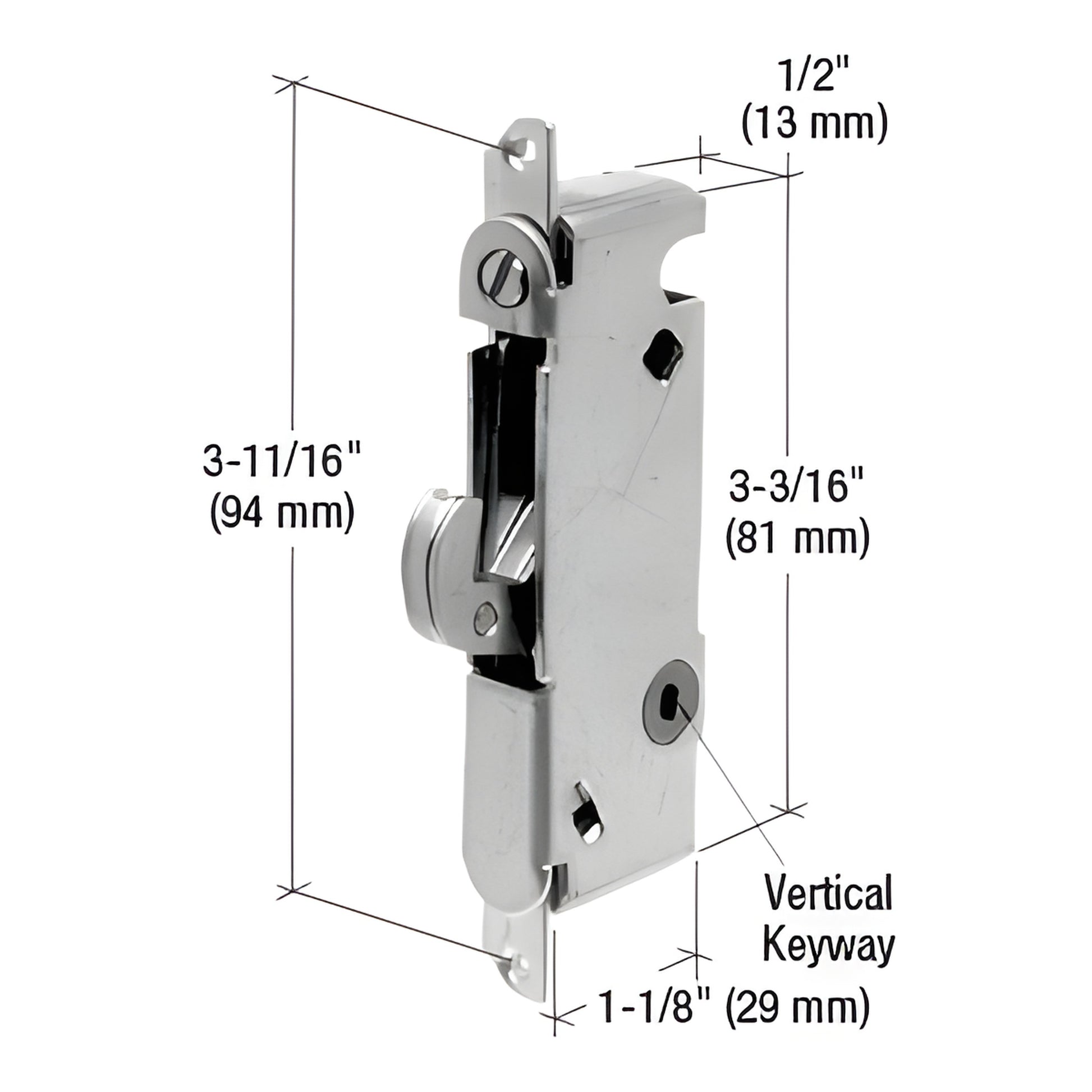 CRLE2013 steel mortise lock: 1/2" wide housing, vertical keyway, adjustable hook; dimensions 3-3/16" x 1-1/4" x 1/2".