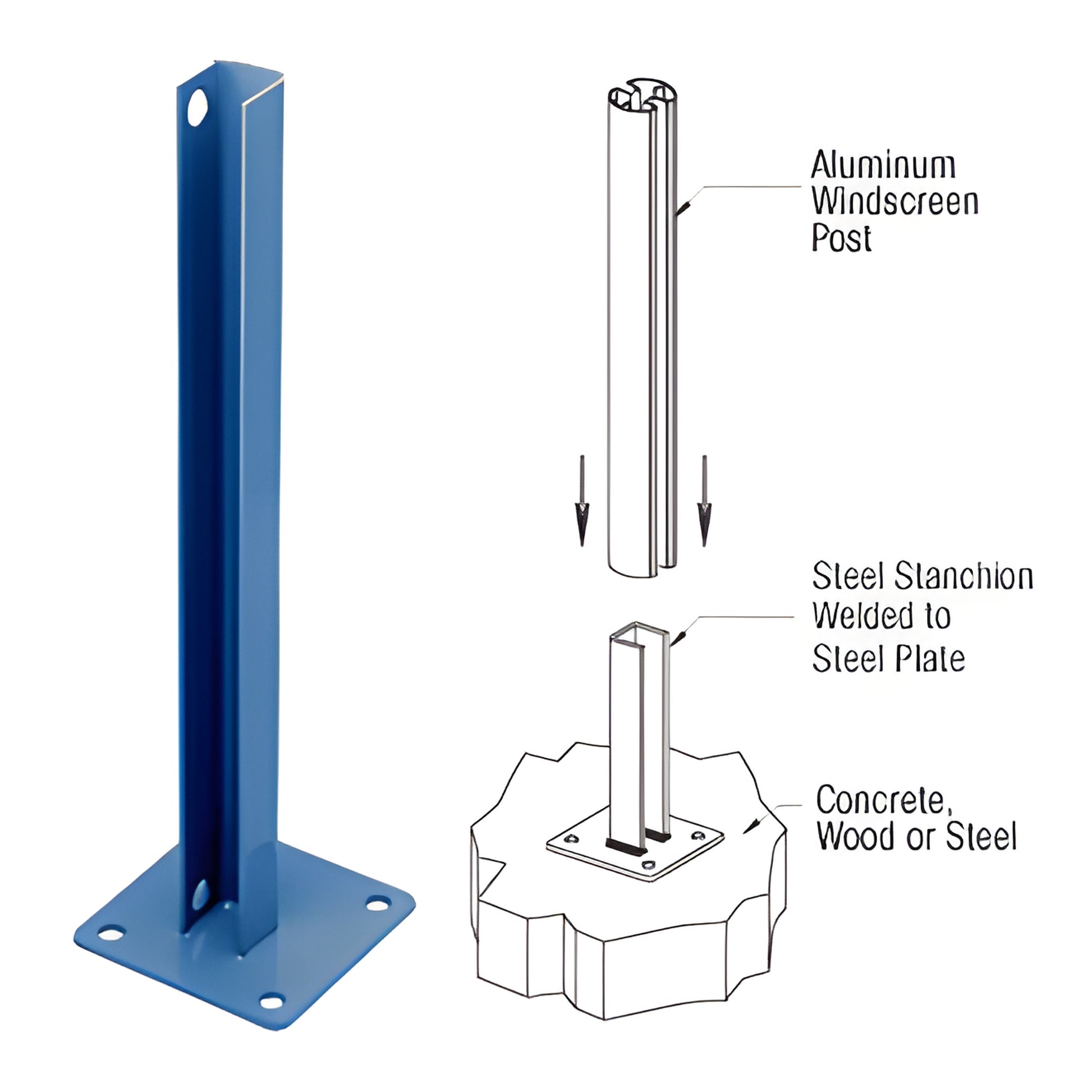 PSB5CC powder-coated blue welded steel surface-mount stanchion with 5" square base plate, 12" tall