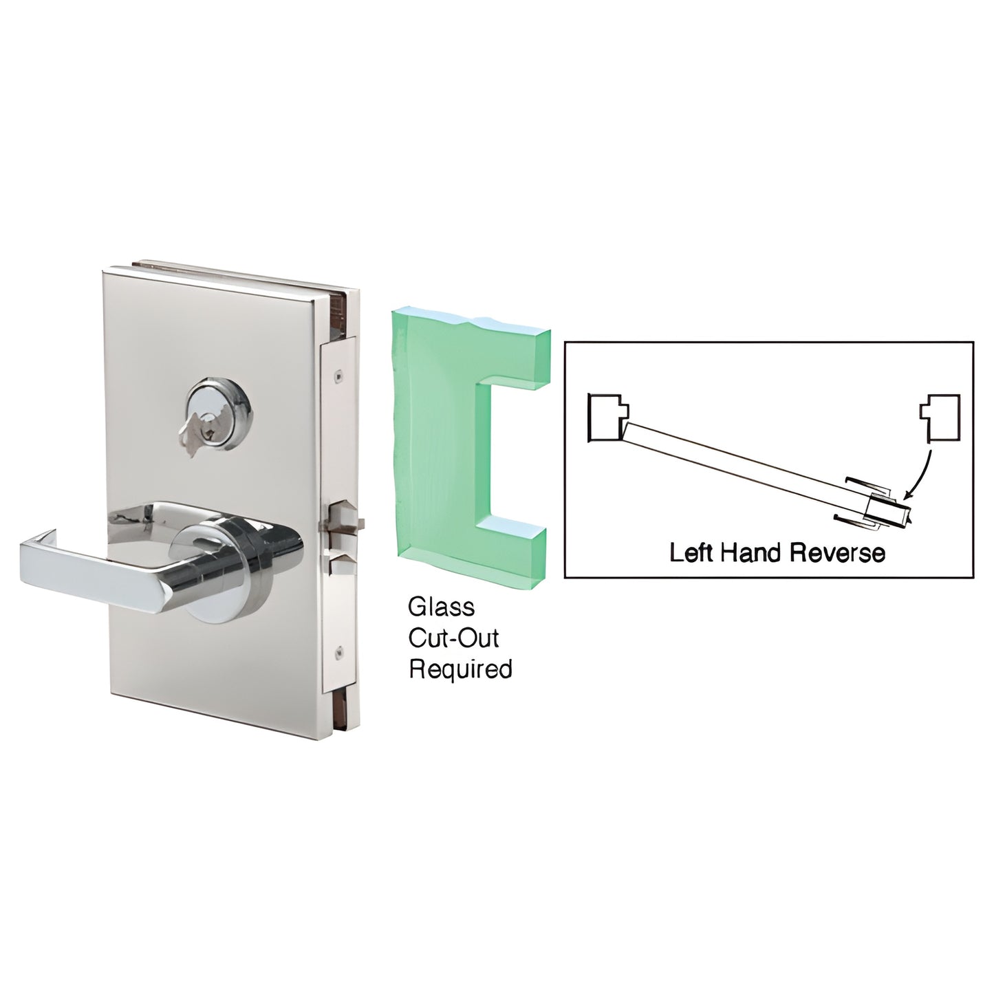 DL611LMPS polished stainless steel 6x10 center deadlatch for 1/2" tempered glass doors, left-hand reverse.