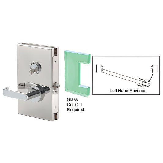 DL611LMPS polished stainless steel 6x10 center deadlatch for 1/2" tempered glass doors, left-hand reverse.