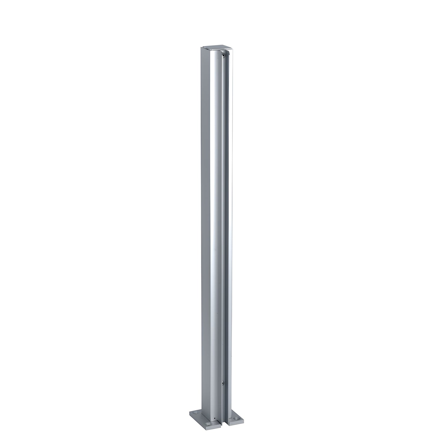 Satin anodized aluminum 24" square partition end post with U-channel glazing, top cap and base.