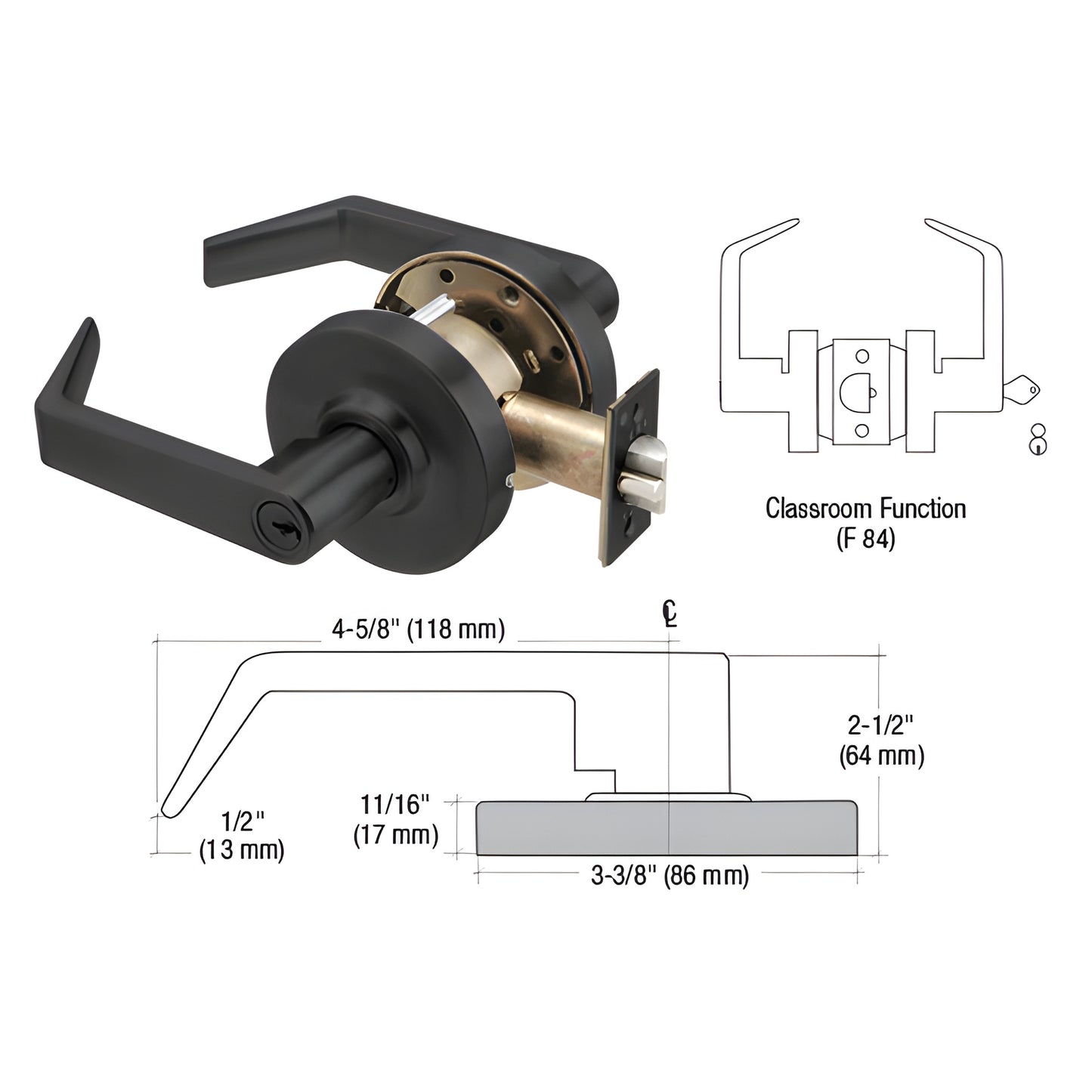 Matte black Grade 1 heavy duty classroom lever lockset (non handed, clutch) with latch and strike, 4 5/8" lever.