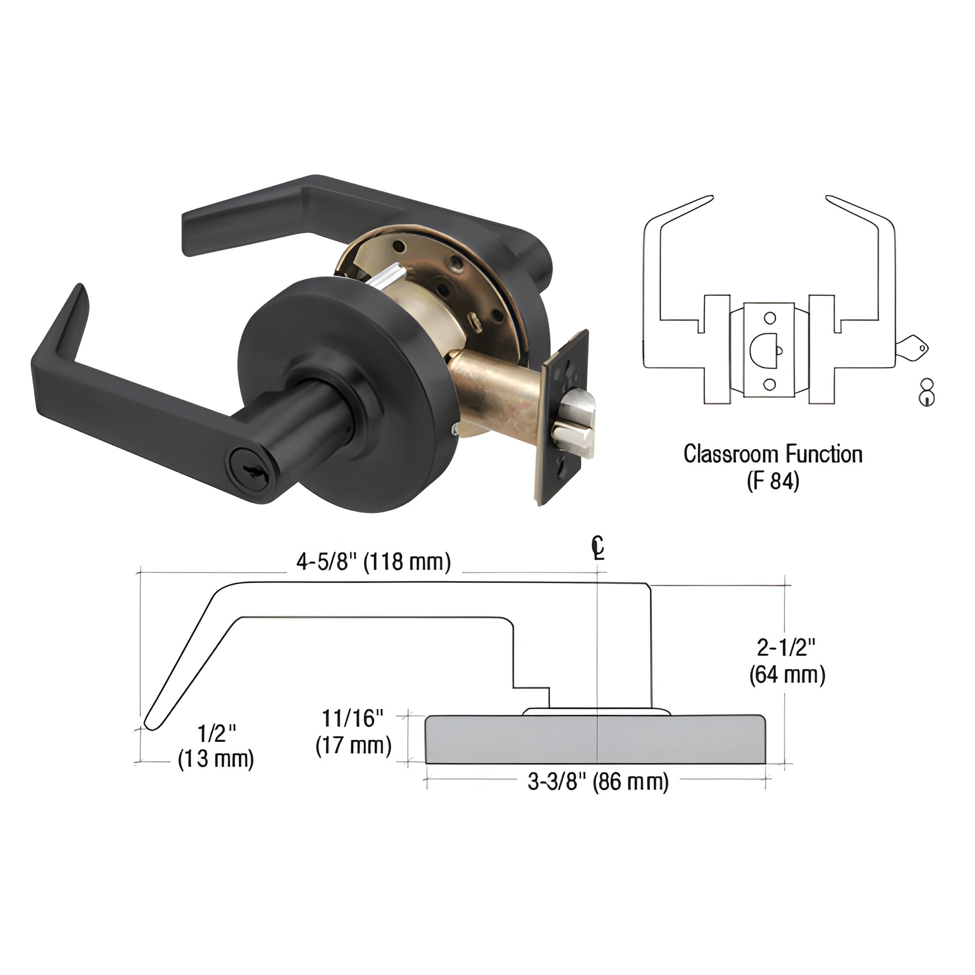 Matte black Grade 1 heavy duty classroom lever lockset (non handed, clutch) with latch and strike, 4 5/8" lever.