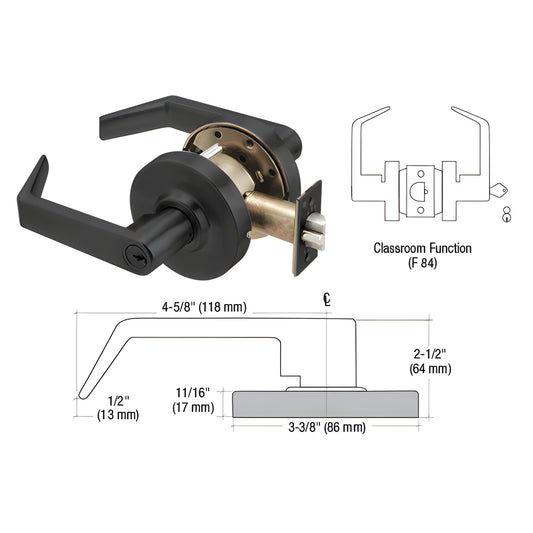 Matte black classroom lever lockset (SKU D95CLSMBL), Grade 2 clutchable reversible lever with latch and strike, 4-5/8 handle
