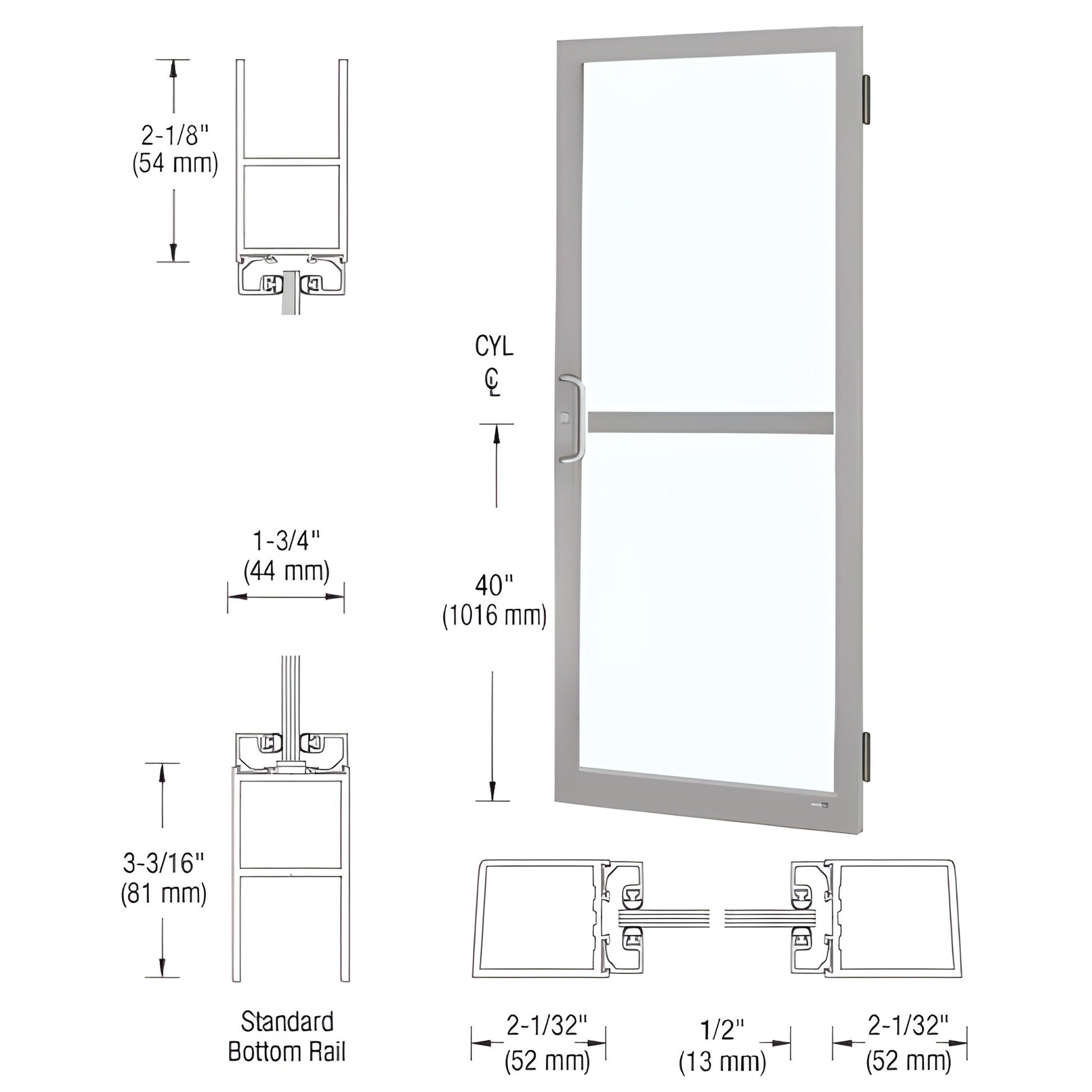 DZ21511 clear anodized narrow-stile commercial entrance door, glass panel, bottom rail, hinge and panic hardware prep