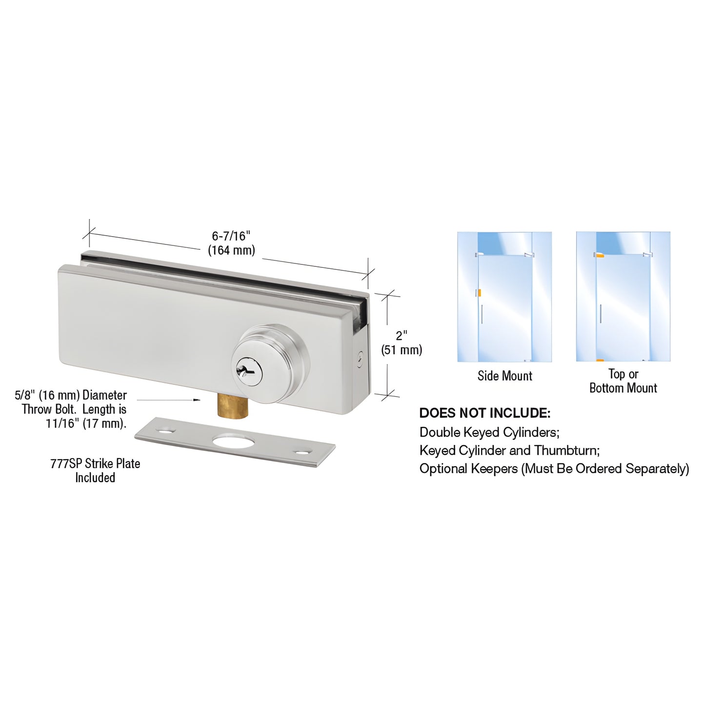 AMR205A satin anodized glass patch lock for frameless doors, 6-7/16" x 2", fits 3/8"-1/2" glass, with strike plate.