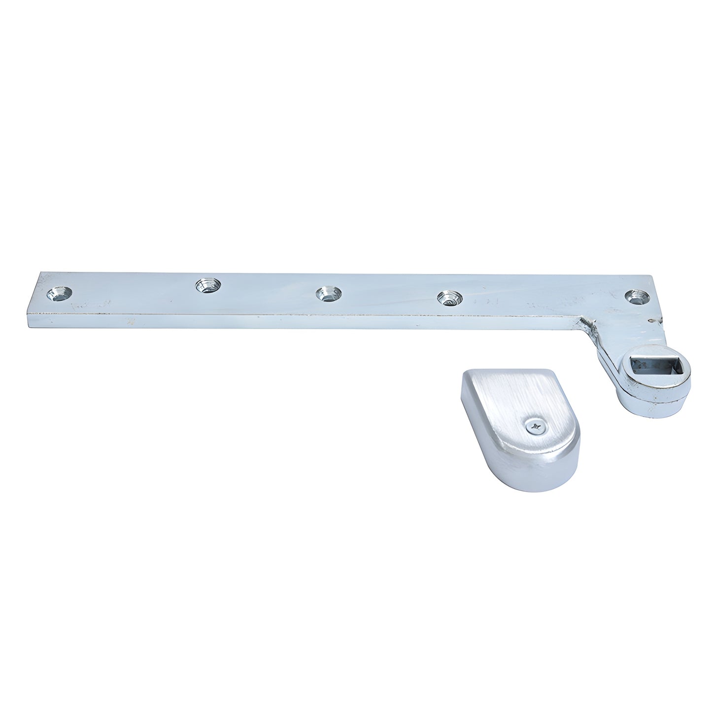 Satin chrome Dormakaba offset bottom arm with cover, fits 7/8" flat tapered spindle, left/right, SKU 95323LHSC