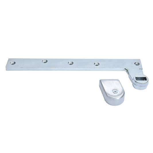 Satin chrome Dormakaba offset bottom arm with cover, fits 7/8" flat tapered spindle, left/right, SKU 95323LHSC