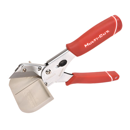 Red-handled Multi-Cut PTQS2 cross-cut trim snips with 90 base, accepts standard utility blade, lockable jaws